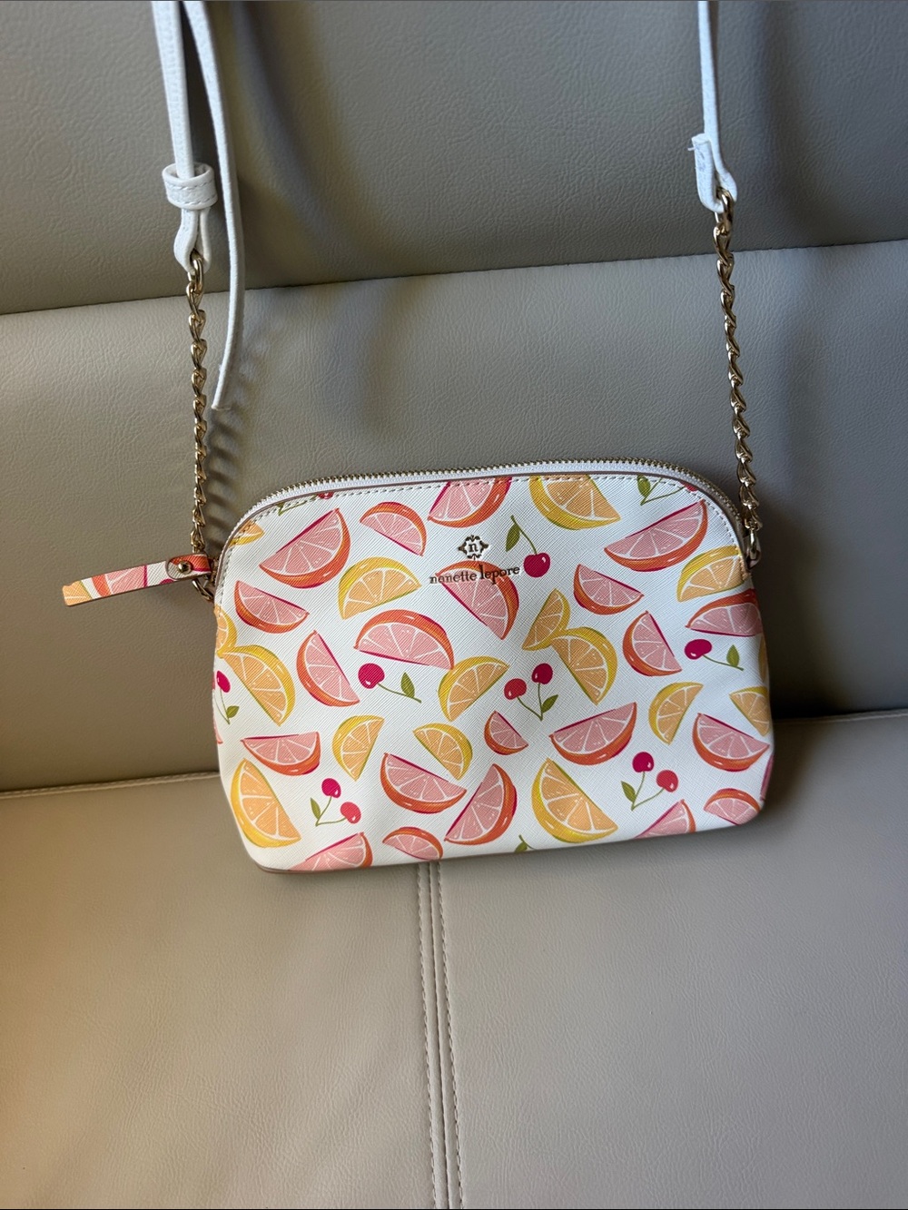 Nanette Lepore White Crossbody with Pink & Yellow cherry/ Citrus Print